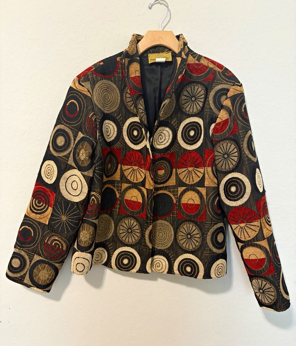 Vintage Painted Pony XL Black Multi Geometric Lined Open Front Brocade Jacket